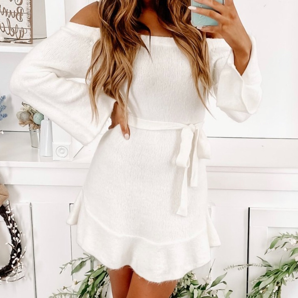 NanaMacs White Off the Shoulder Sweater Dress